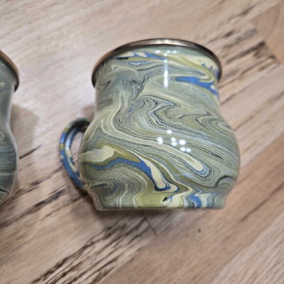 Mackenzie Childs Enamelware Blue Green Gold Dipped Paint Swirl Metal Mug - Picture 3 of 10